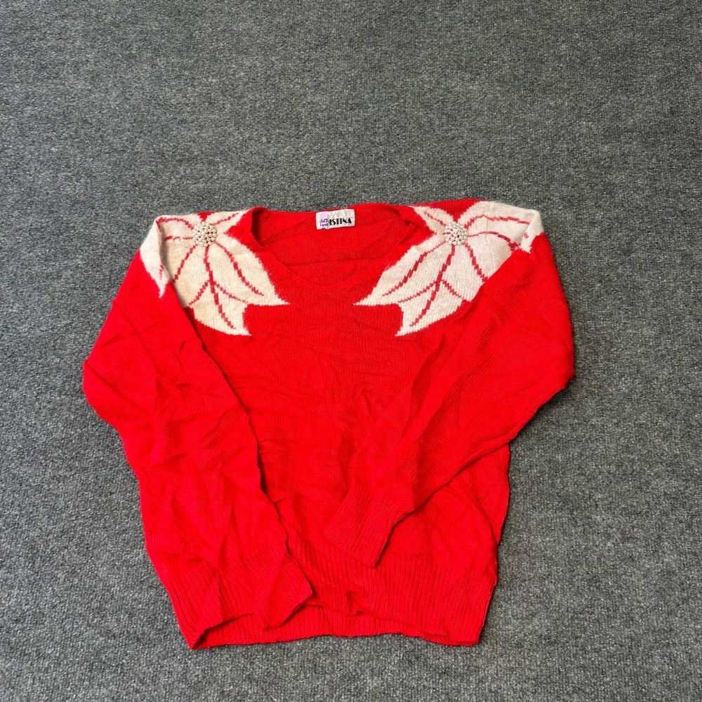 Istina Sweater Womens Size M Red Floral Poinsettia Pearl Bead Knit Holiday Cozy